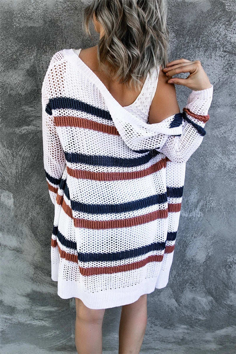 Contrast Openwork Open Front Long Sleeve Cardigan - Classique Collection