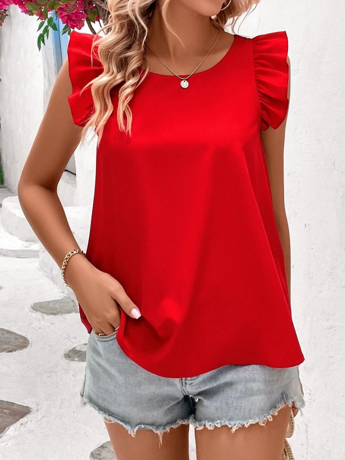 Crisscross Back Ruffled Round Neck Cap Sleeve Blouse - Classique Collection