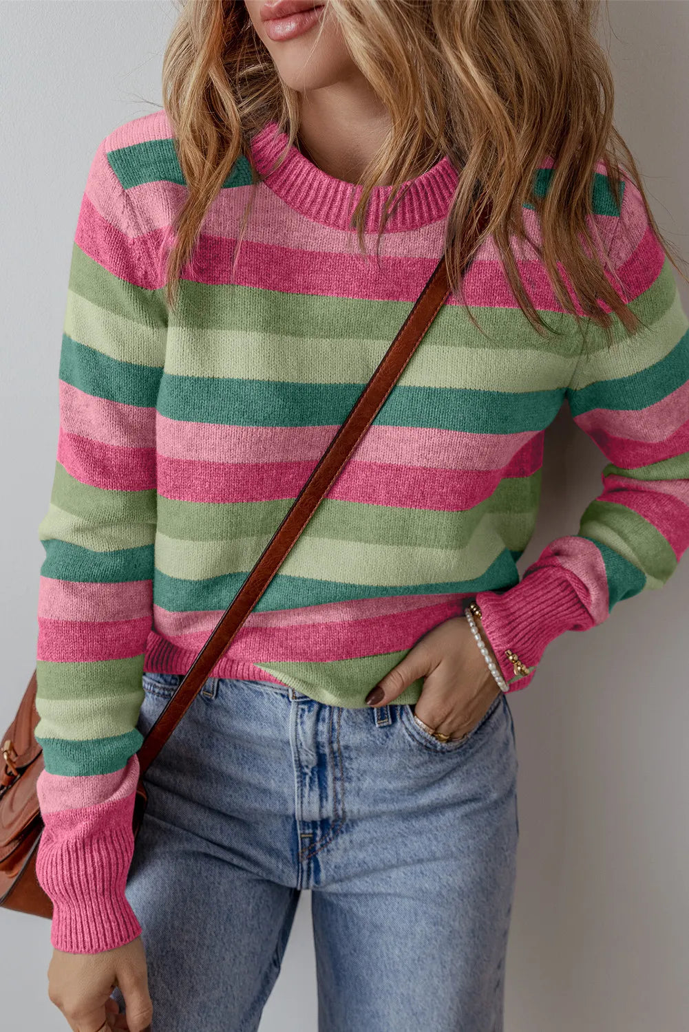 Striped Round Neck Long Sleeve Sweater - ClassiQ