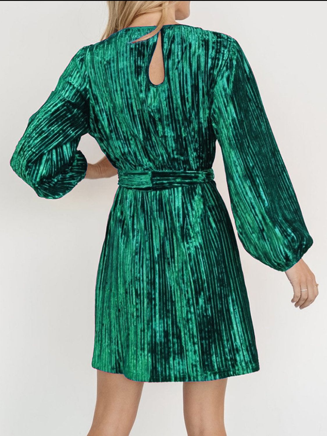 Velvet Round Neck Tie Waist Long Sleeve Mini Dress - Classique Collection
