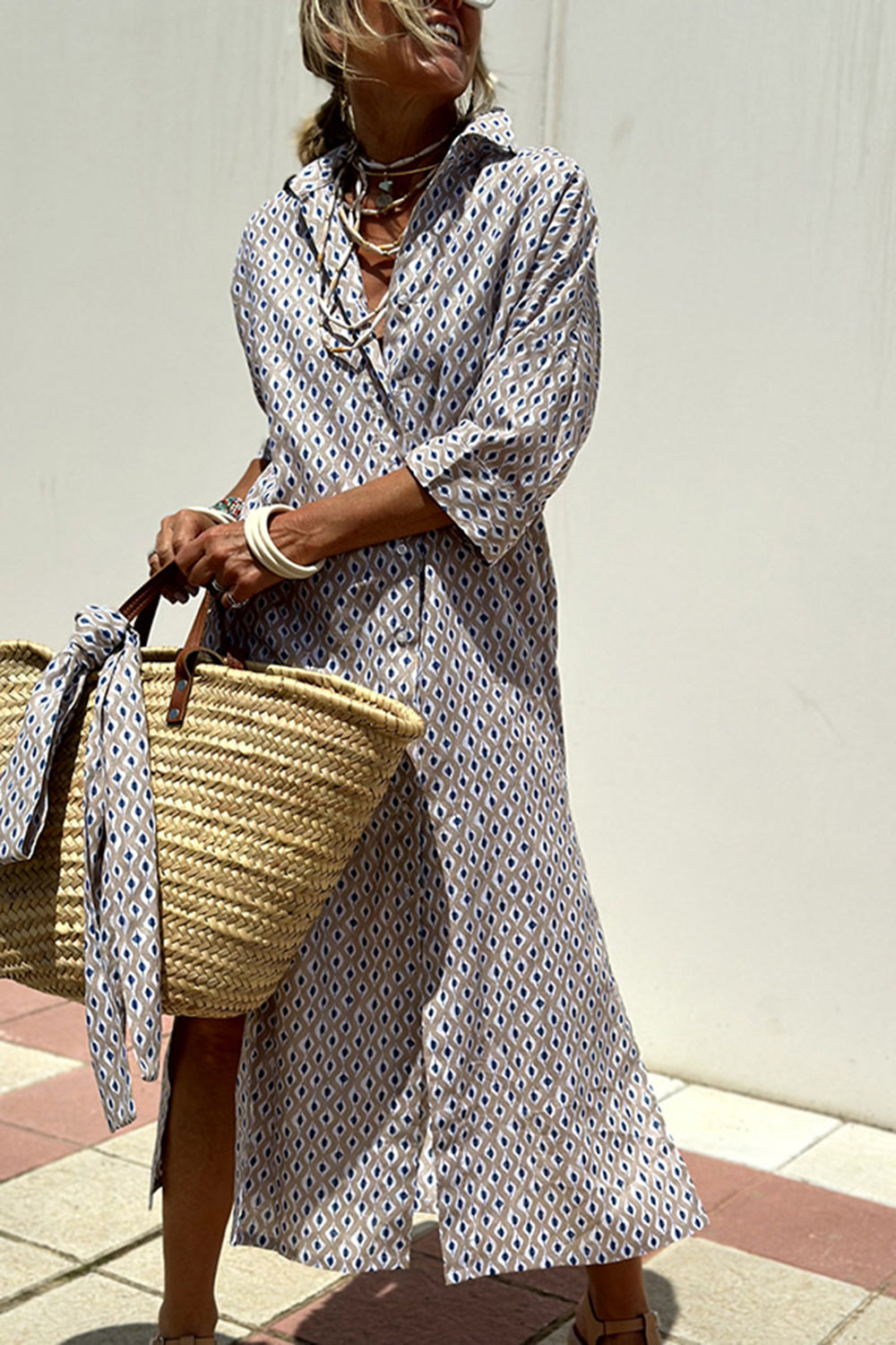 Tied Button Up Three-Quarter Sleeve Dress - Classique Collection