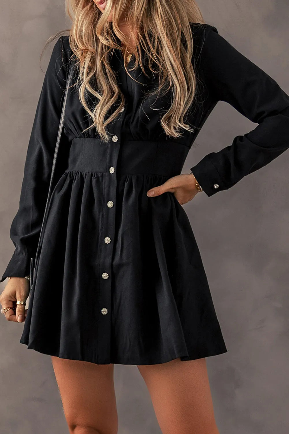 Ruched Button Up Long Sleeve Dress - Classique Collection