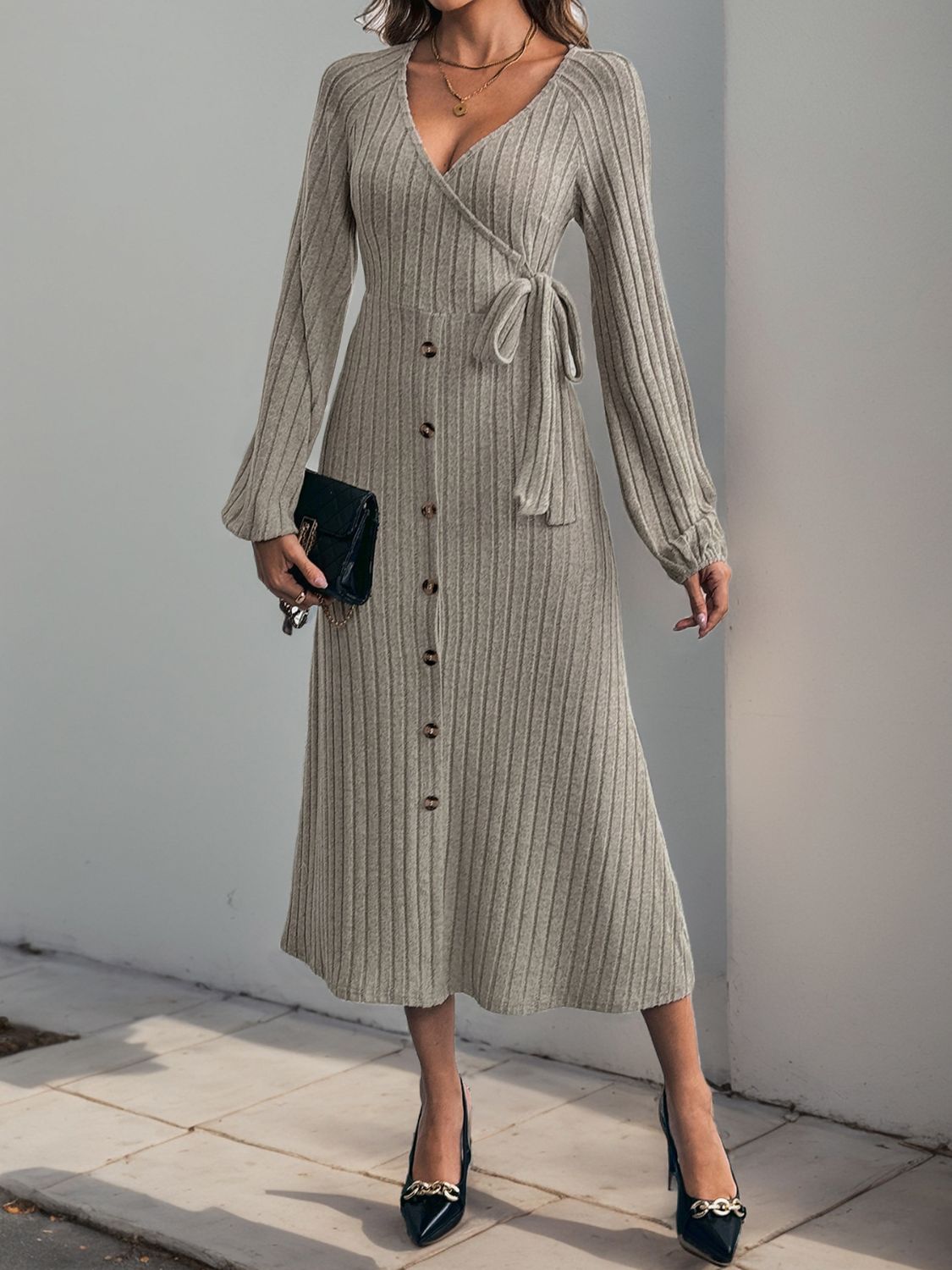 Perfee Ribbed Tied Surplice Long Sleeve Dress - Classique Collection