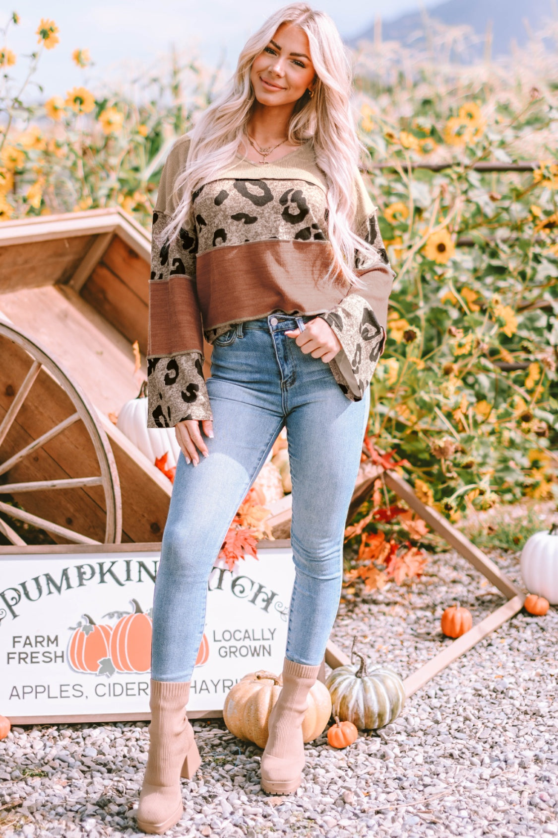 Leopard Colorblock Patchwork V-Neck Loose Sleeve Knit Top - Classique Collection