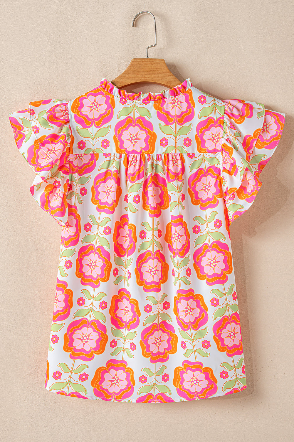 Rose Boho Floral Print Ricrac Ruffle Sleeve Blouse - ClassiQ