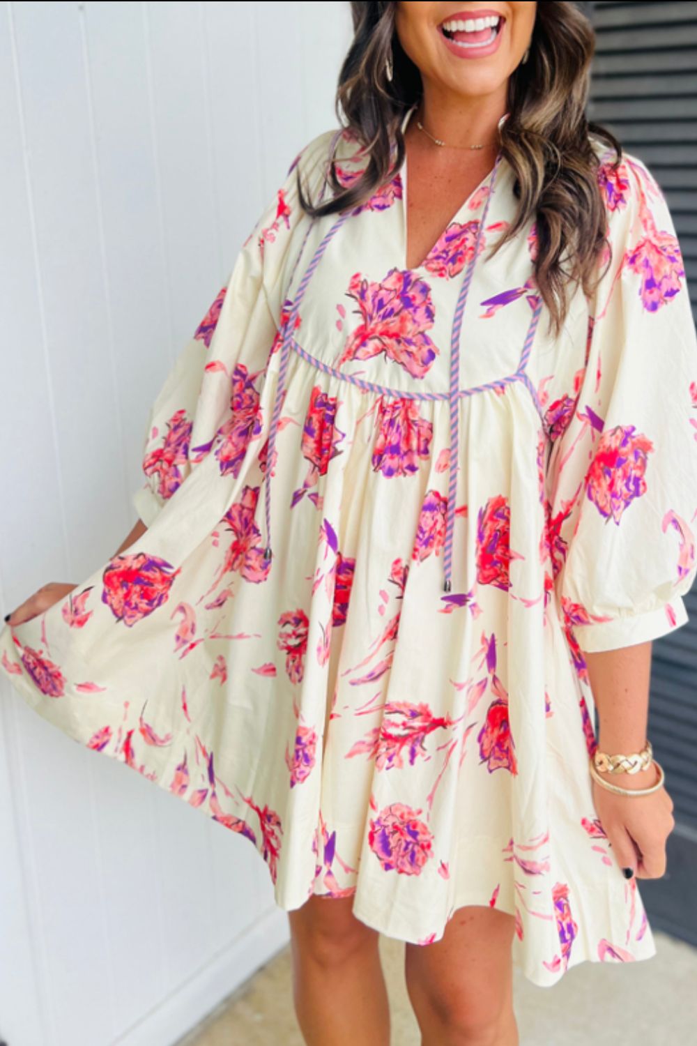 Tied Flower Printed Three-Quarter Sleeve Dress - Classique Collection