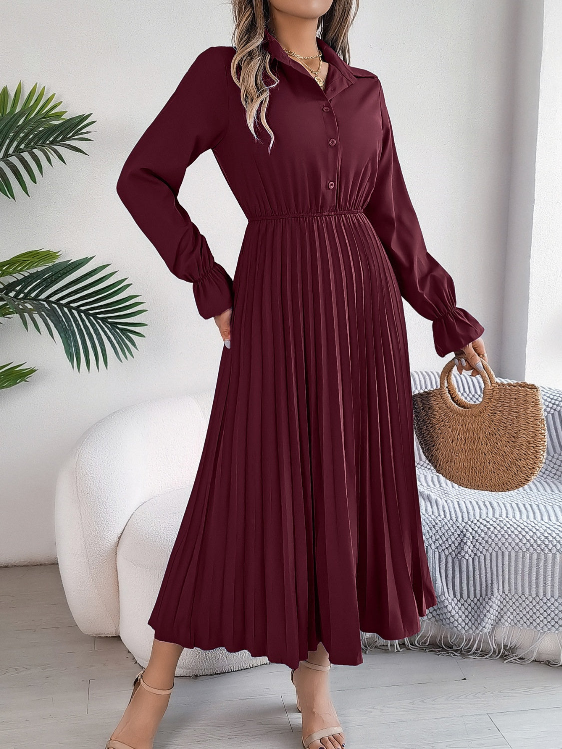 Pleated Half Button Long Sleeve Midi Dress - Classique Collection
