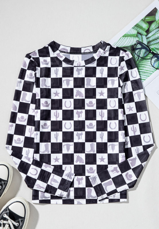 Checkered Mock Neck Long Sleeve Top - Classique Collection