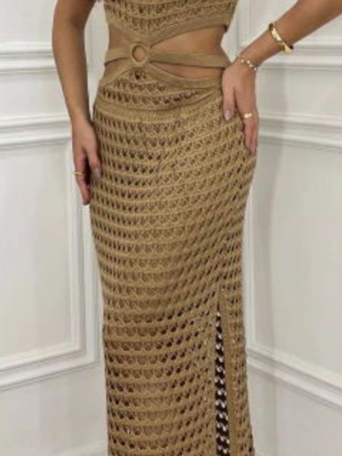 Cutout Slit Round Neck Sweater Dress - Classique Collection