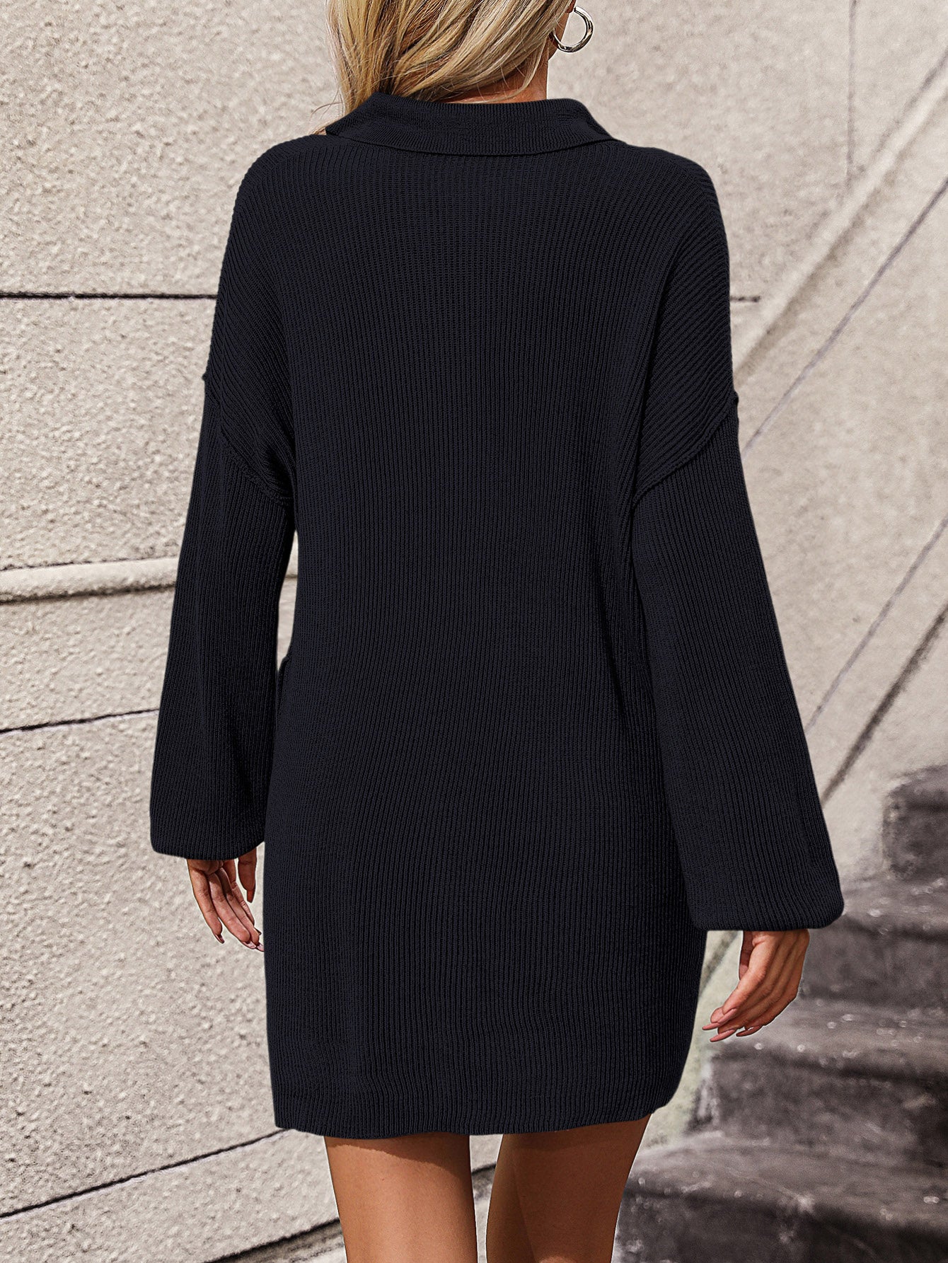Collared Neck Long Sleeve Sweater Dress with Pockets - Classique Collection