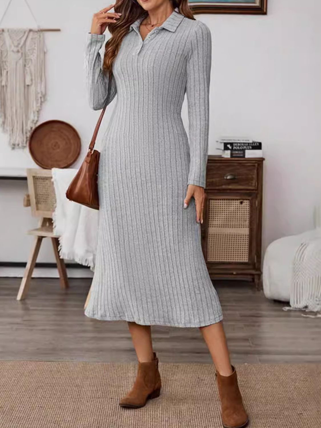 Collared Neck Long Sleeve Midi Dress - Classique Collection