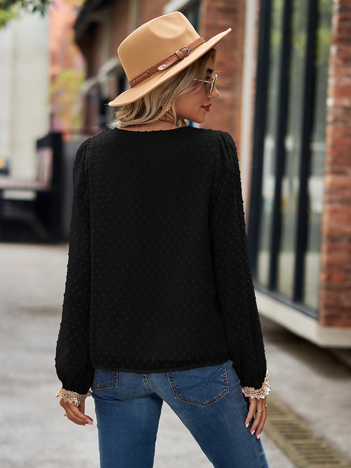 Swiss Dot V-Neck Long Sleeve Blouse - Classique Collection