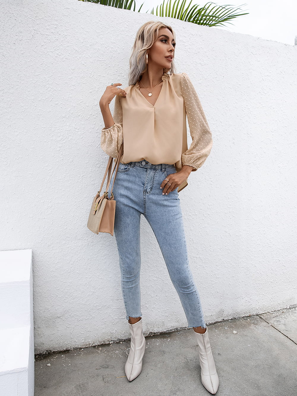 Ivy Lane Swiss Dot Frill Trim Puff Sleeve Blouse - Classique Collection