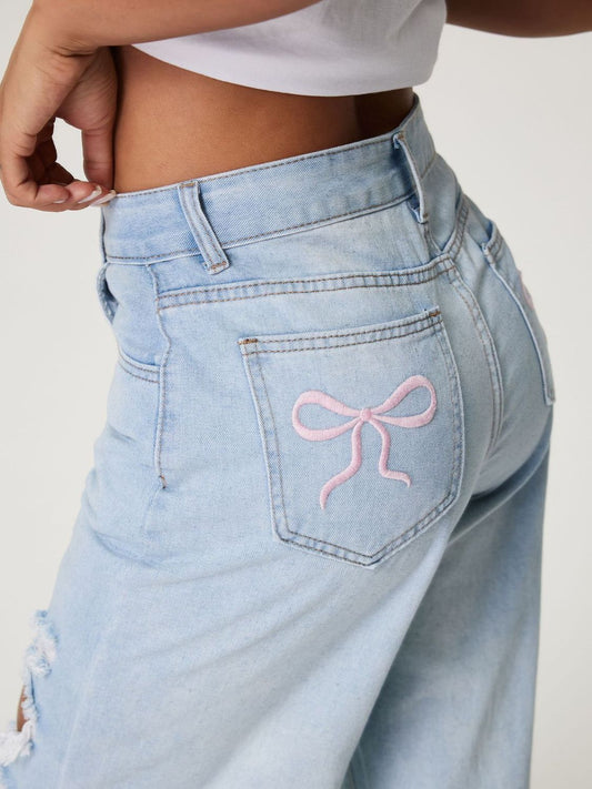 Distressed Wide Leg Jeans with Pockets - Classique Collection