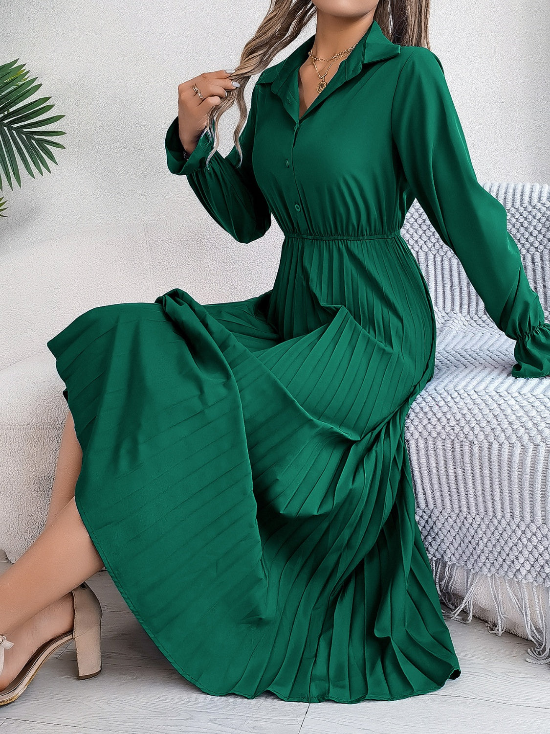 Pleated Half Button Long Sleeve Midi Dress - Classique Collection