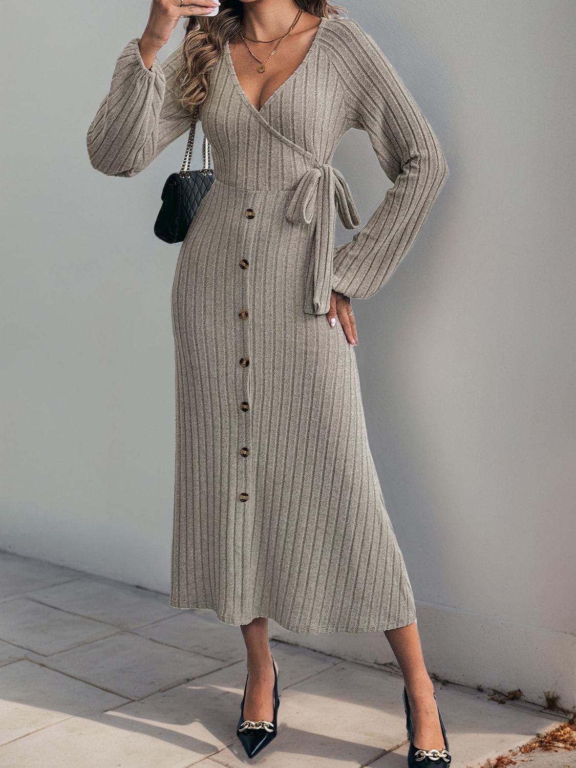 Perfee Ribbed Tied Surplice Long Sleeve Dress - Classique Collection