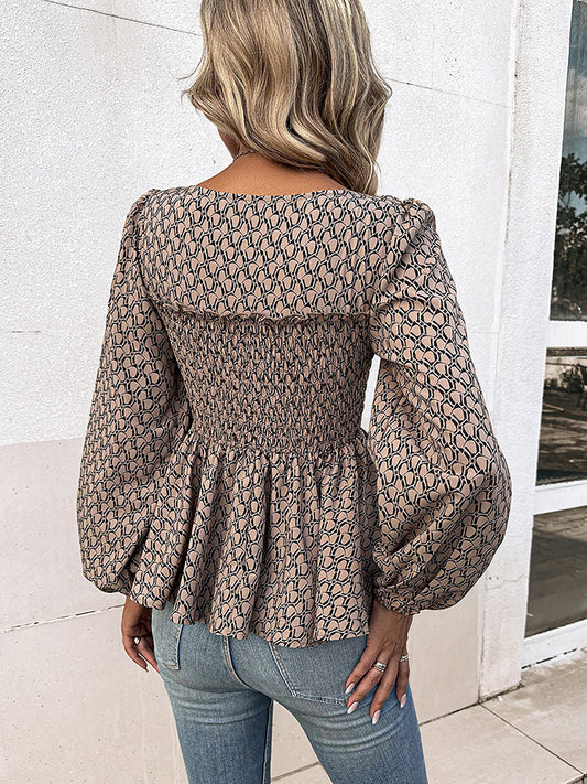 Honey Printed Square Neck Long Sleeve Blouse - Classique Collection