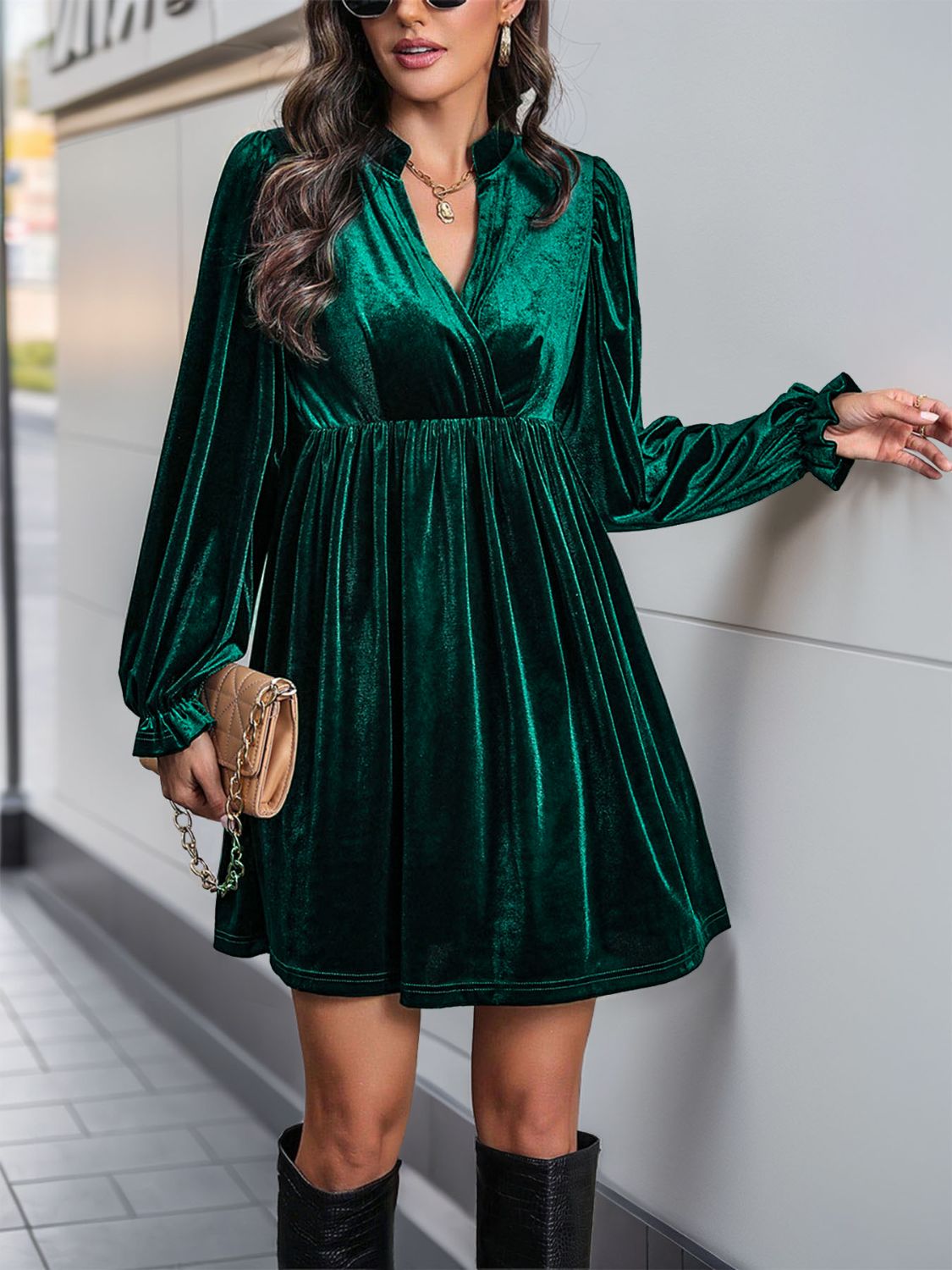 Perfee Ruched Surplice Long Sleeve Mini Dress - Classique Collection
