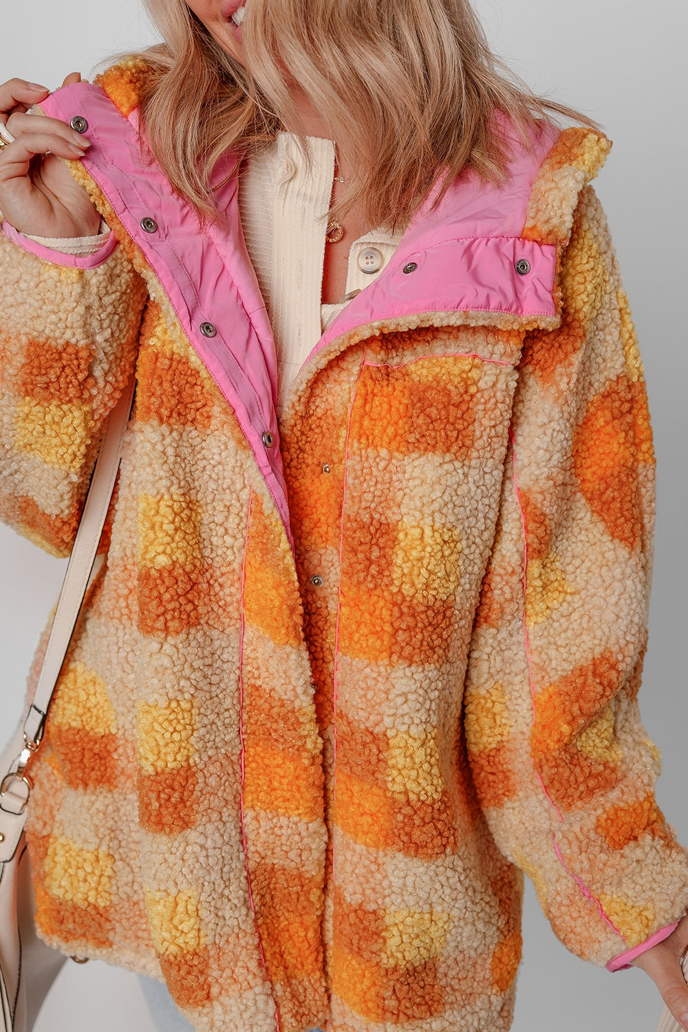 Checkered Long Sleeve Sherpa Hooded Jacket - Classique Collection