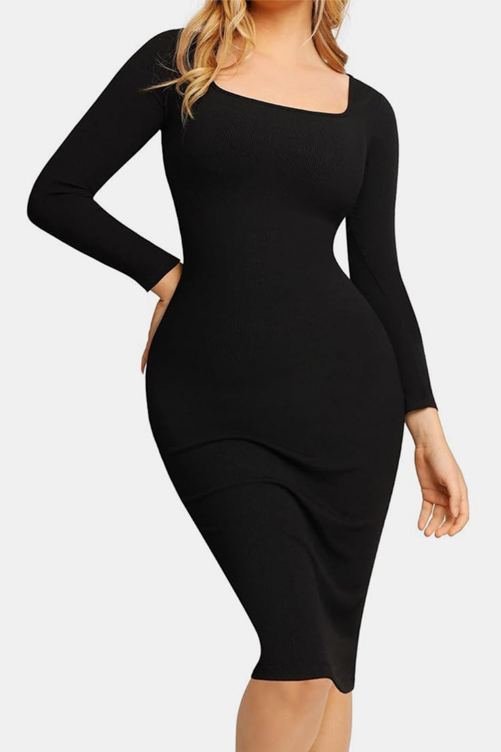 Basic Bae Full Size Built-In Shapewear Square Neck Long Sleeve Dress - Classique Collection