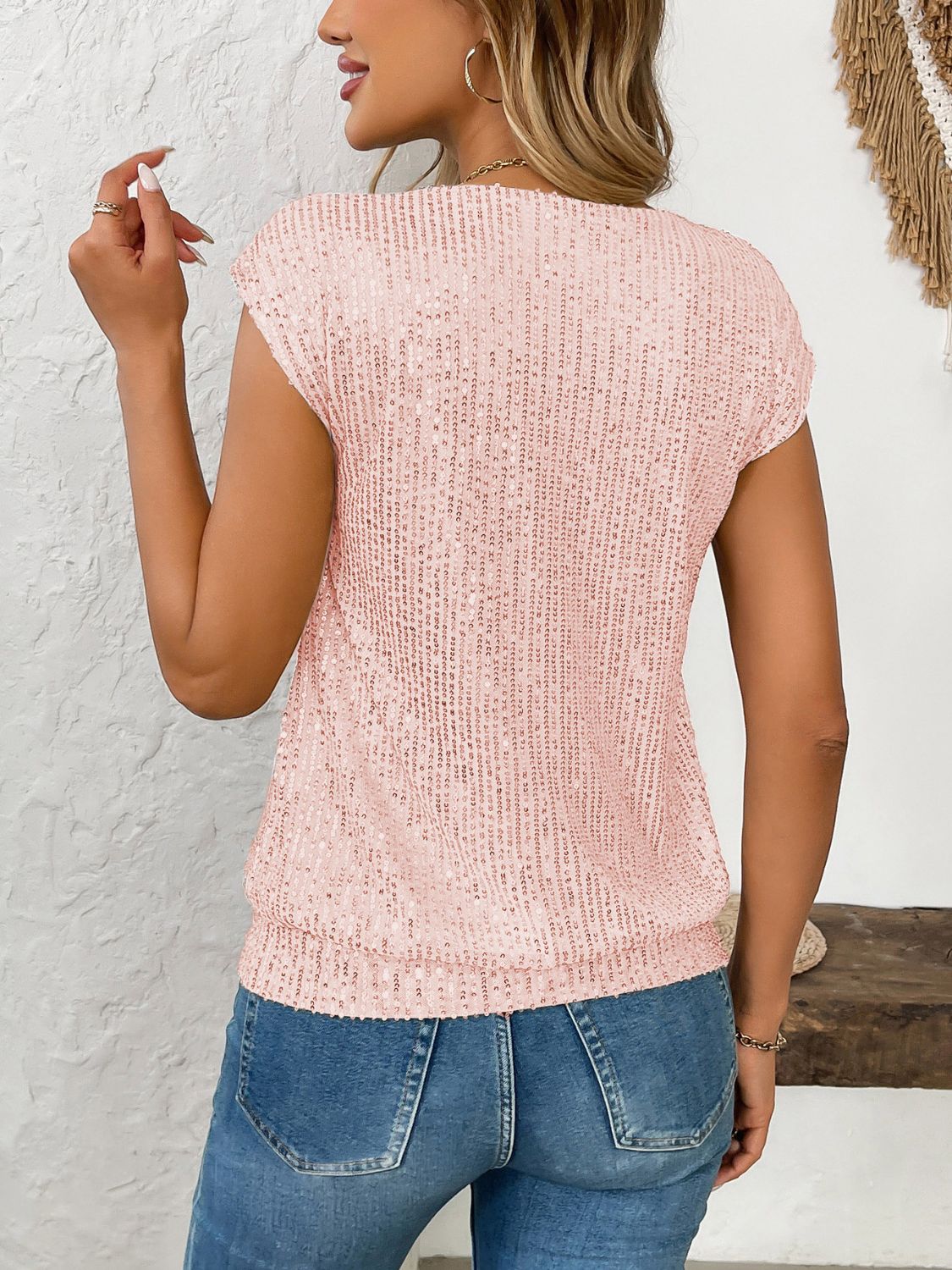 Sequin V-Neck Cap Sleeve Top - Classique Collection