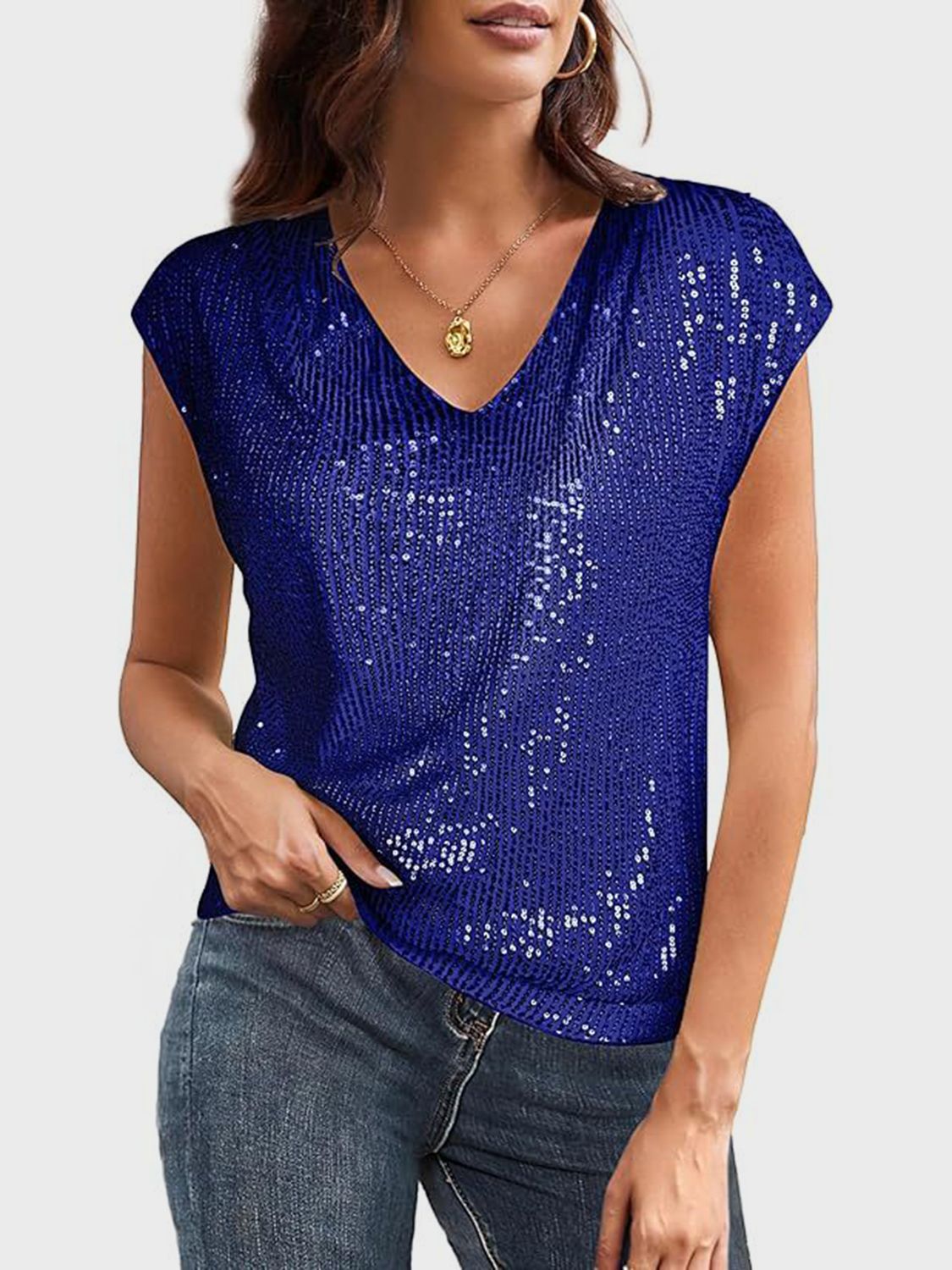 Sequin V-Neck Cap Sleeve Top - Classique Collection