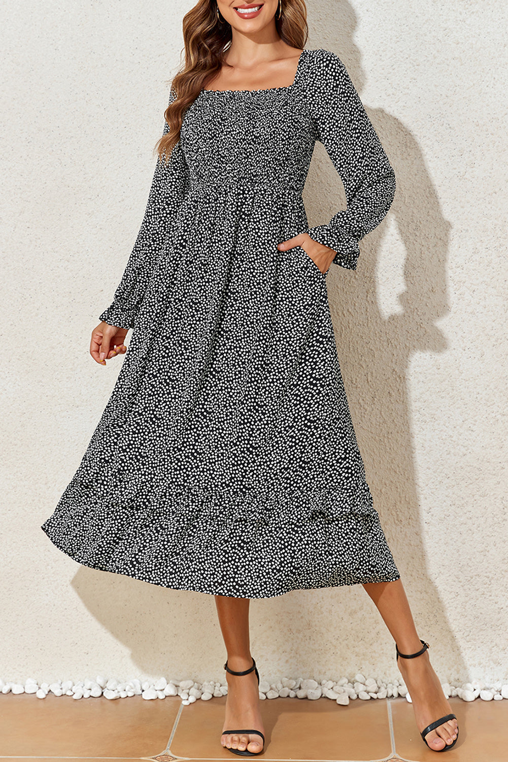 Printed Square Neck Long Sleeve Midi Dress - Classique Collection