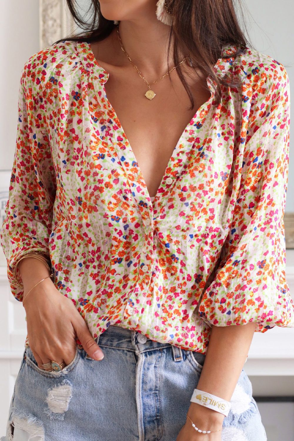 Printed Notched Long Sleeve Shirt - Classique Collection