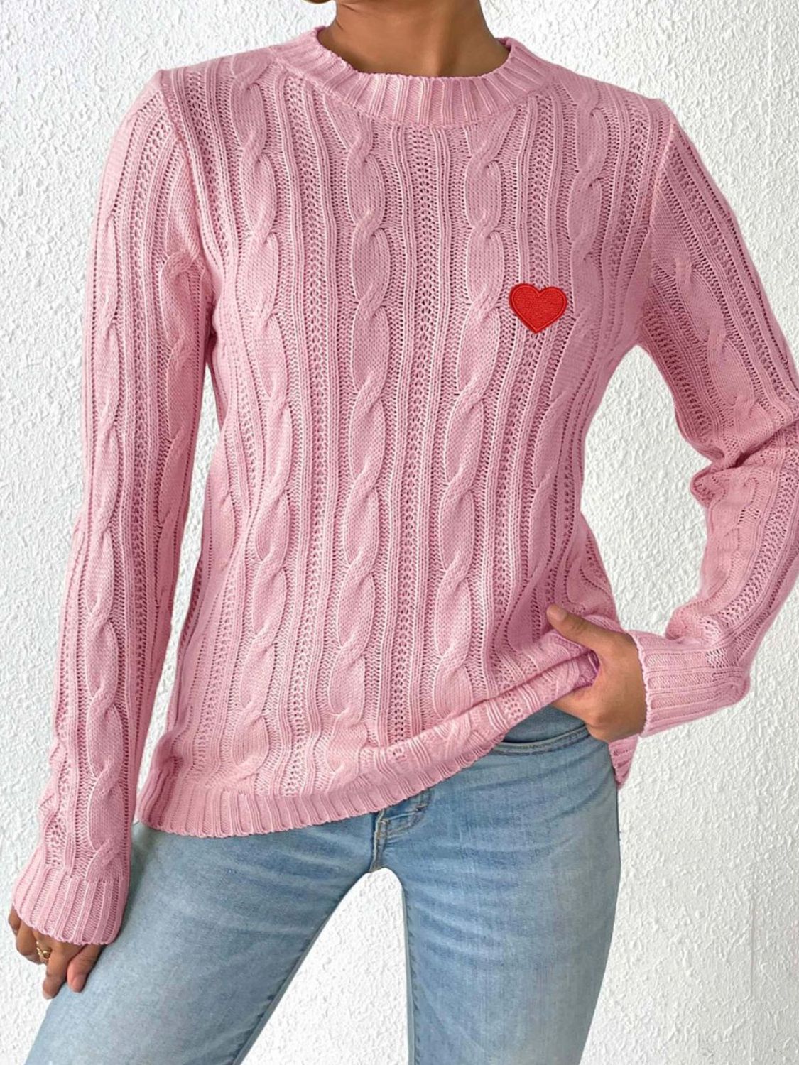 Cable-Knit Heart Round Neck Long Sleeve Sweater - ClassiQ