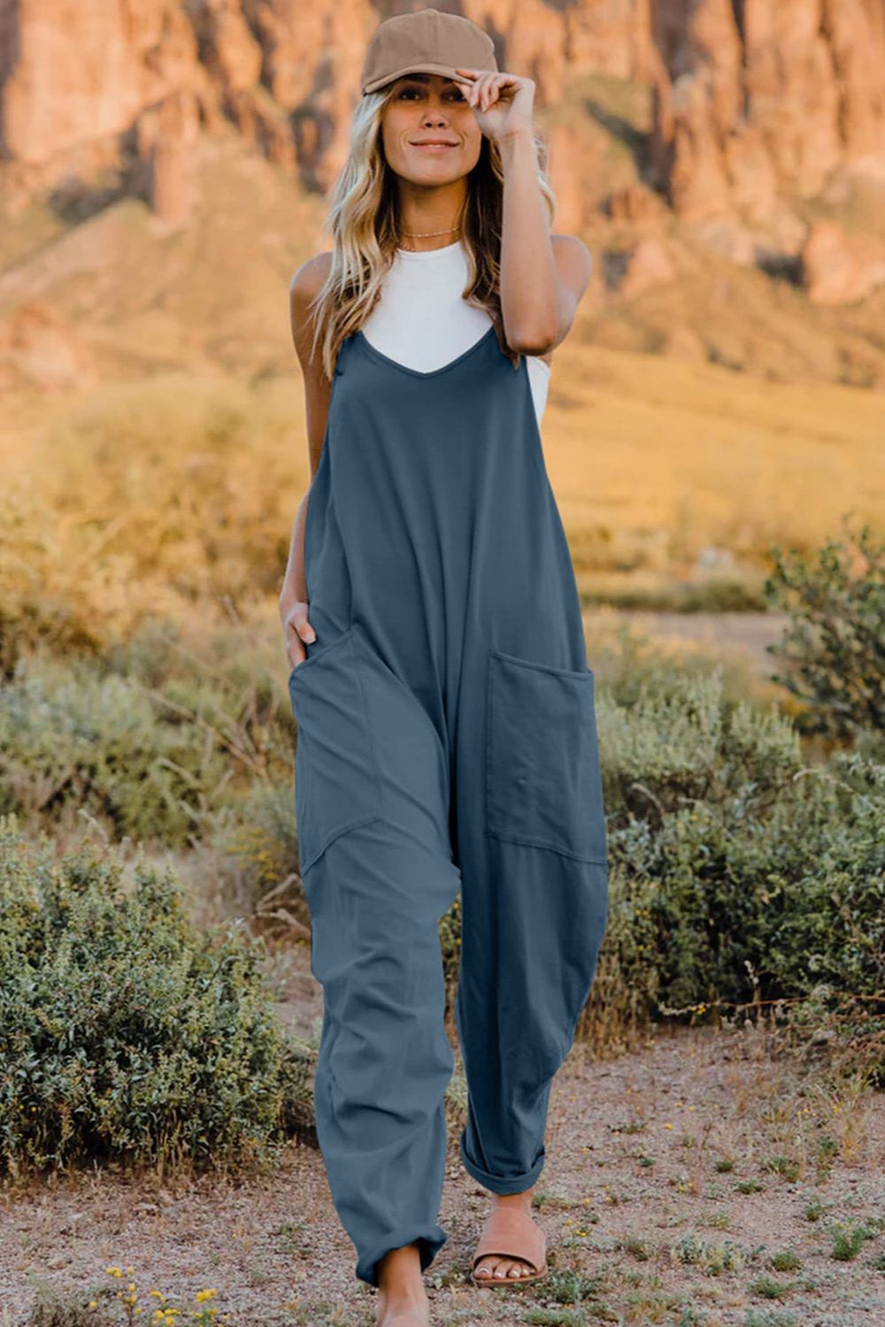 Double Take Full Size V-Neck Sleeveless Jumpsuit with Pockets - ClassiQ