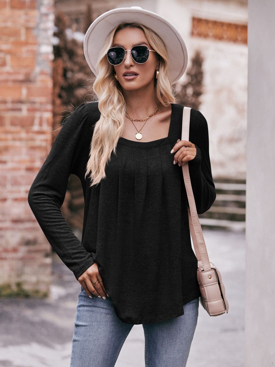 Mandy Pleated Detail Curved Hem Long Sleeve Top - ClassiQ