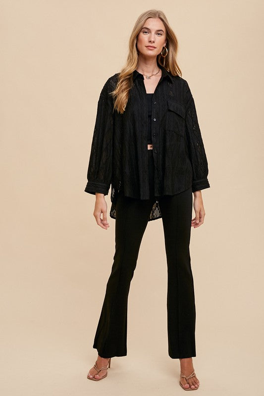 Annie Wear Openwork Button Down Drop Shoulder Shirt - ClassiQ