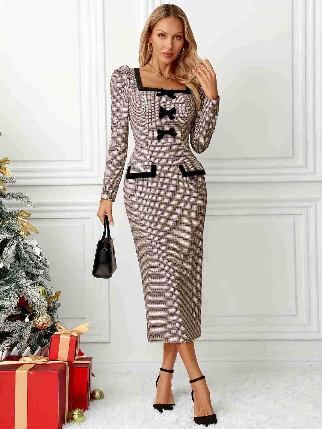 Bow Plaid Square Neck Puff Sleeve Dress - Classique Collection