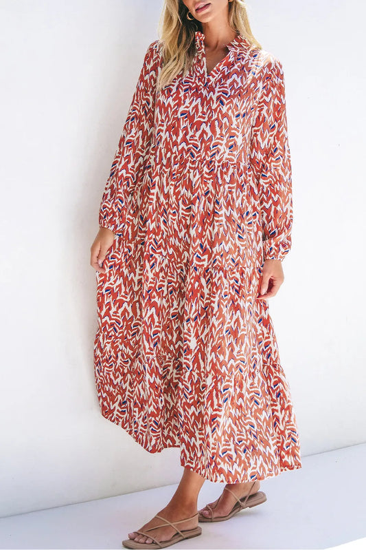 Printed Notched Long Sleeve Dress - Classique Collection