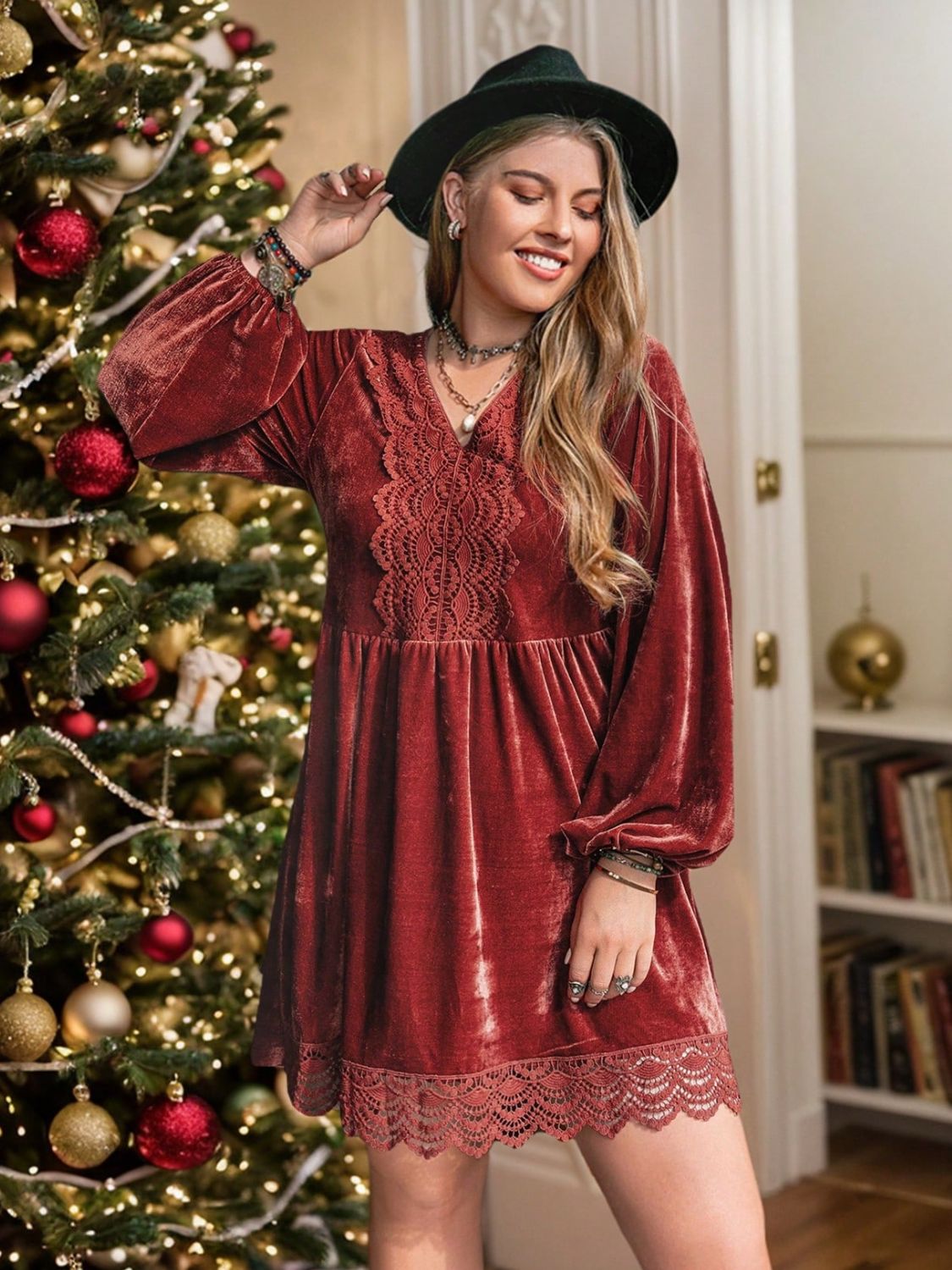 Plus Size Lace Detail V-Neck Long Sleeve Mini Dress - Classique Collection