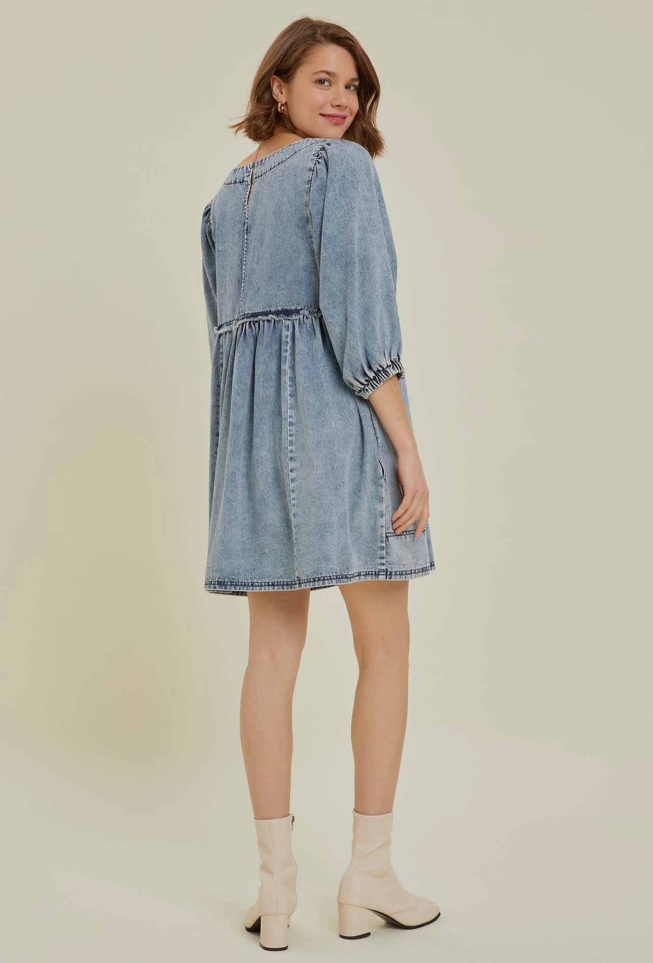 Cutout Round Neck Balloon Sleeve Denim Dress - Classique Collection