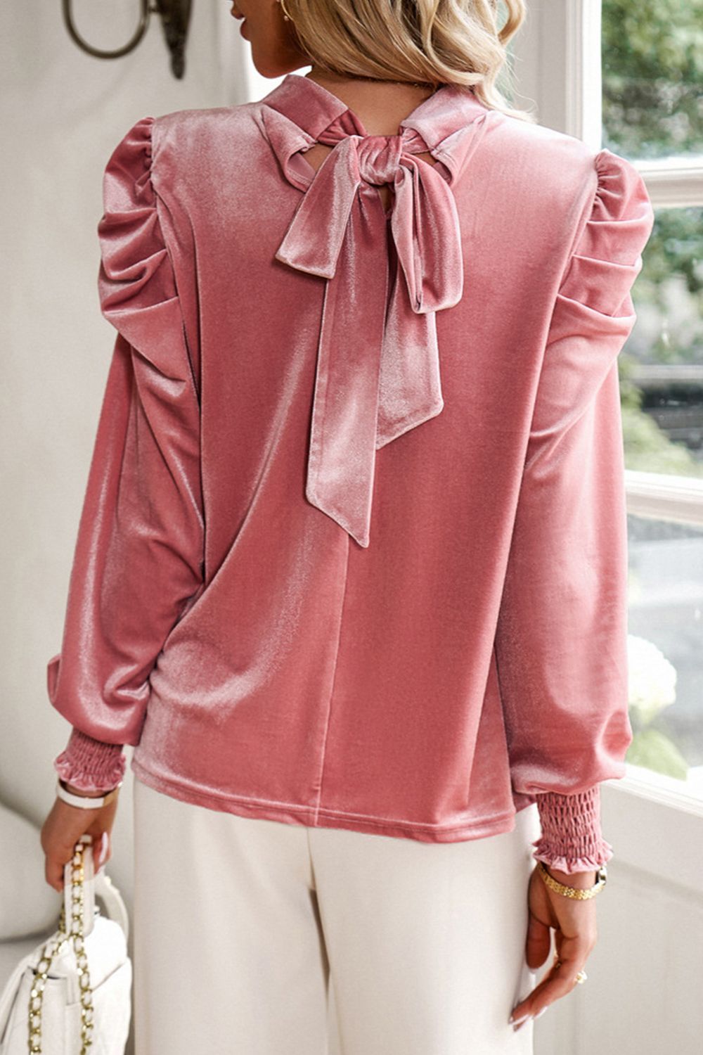 Tie Up Mock Neck Velvet Fabric Long Sleeve Blouse - Classique Collection