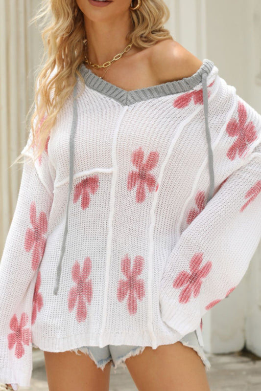 Drawstring Flower Hooded Knit Top - ClassiQ