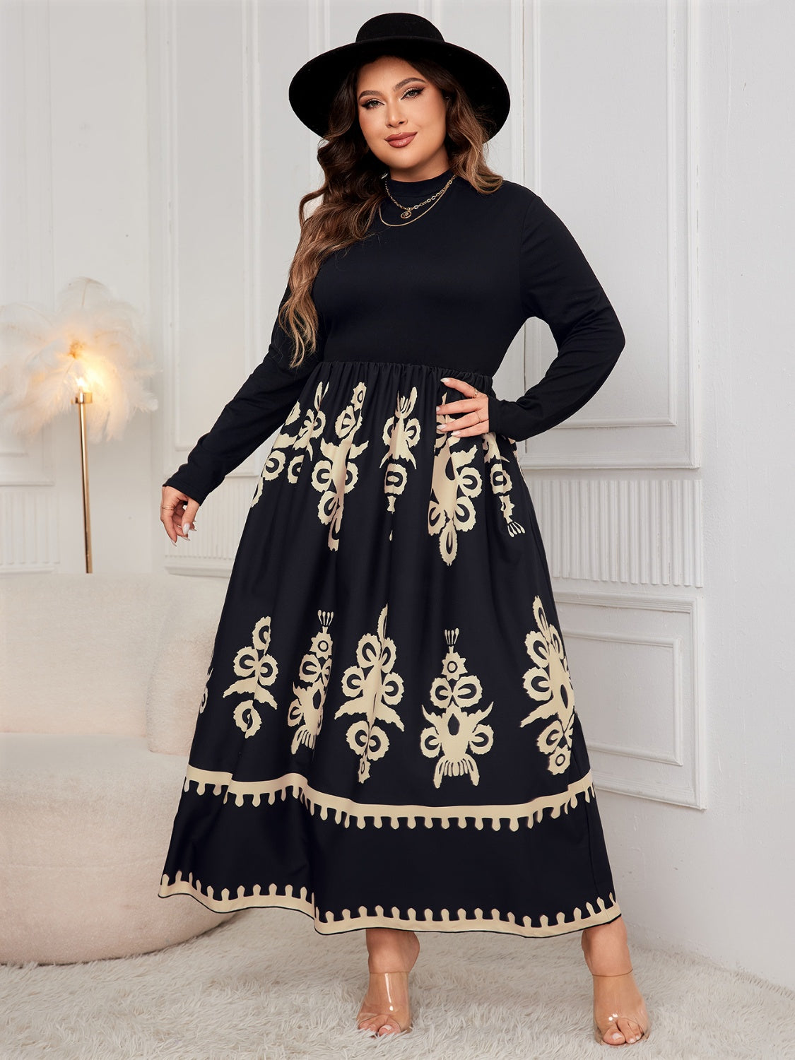 Honey Plus Size Printed Mock Neck Long Sleeve Dress - Classique Collection