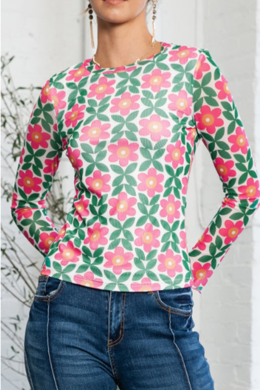 Floral Round Neck Long Sleeve Top - Classique Collection