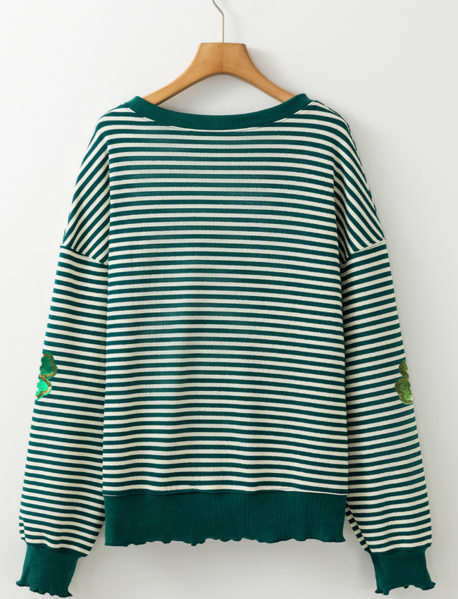 Stripe Lucky Clover Drop Shoulder Sweatshirt - ClassiQ