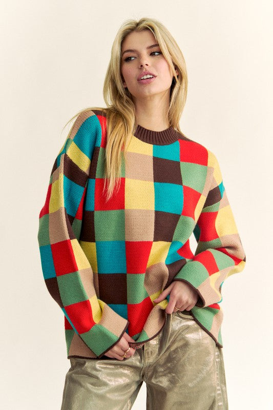 Davi & Dani Color Block Checkered Dropped Shoulder Sweater - Classique Collection