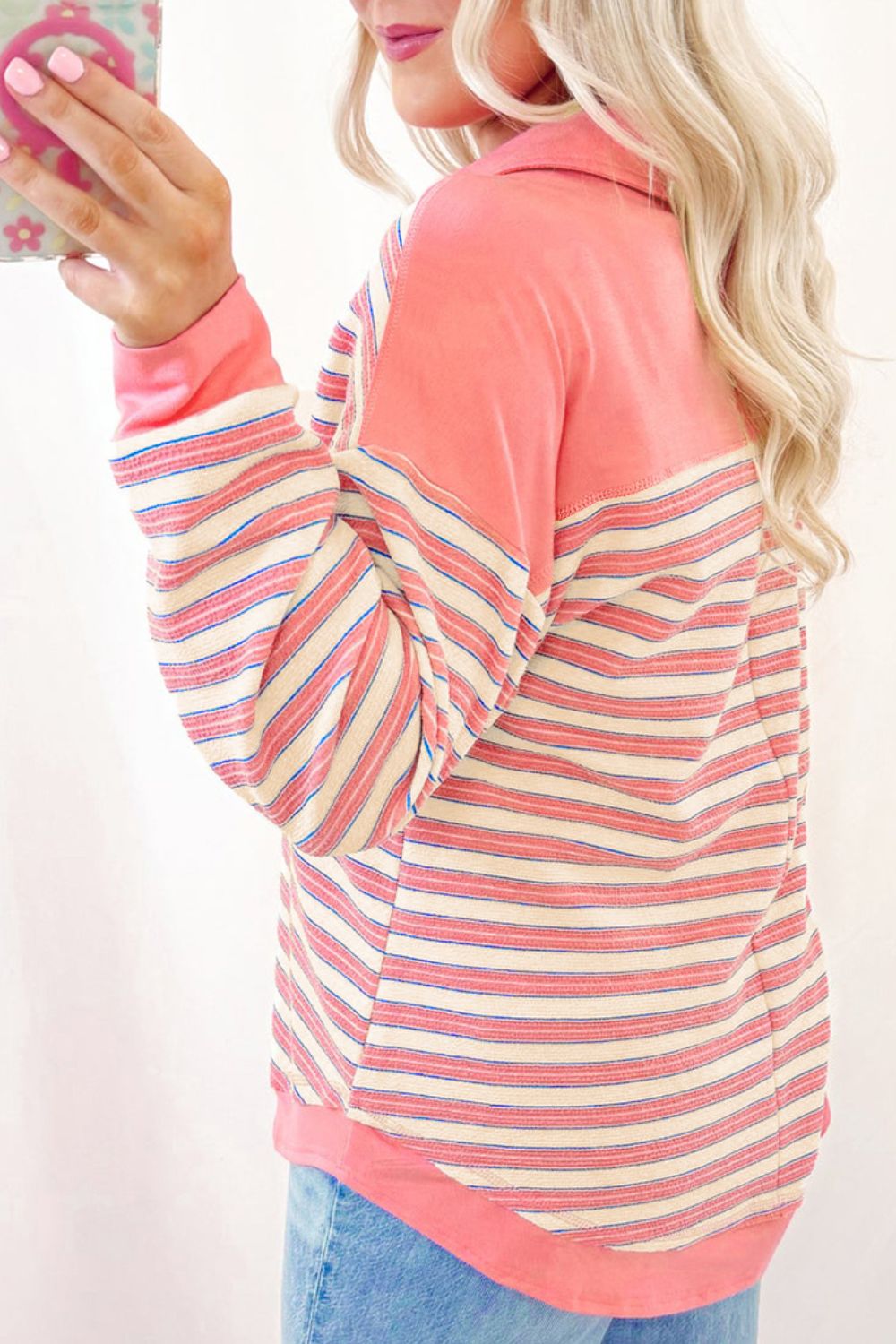 Striped Johnny Collar Long Sleeve Sweatshirt - Classique Collection