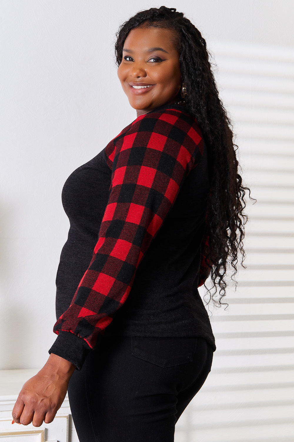 Heimish Full Size Sequin Reindeer Graphic Plaid Top - Classique Collection