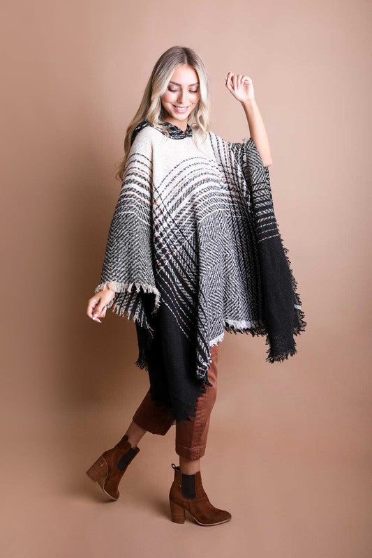 Herringbone Tweed Hooded Frayed Edge Poncho - Classique Collection