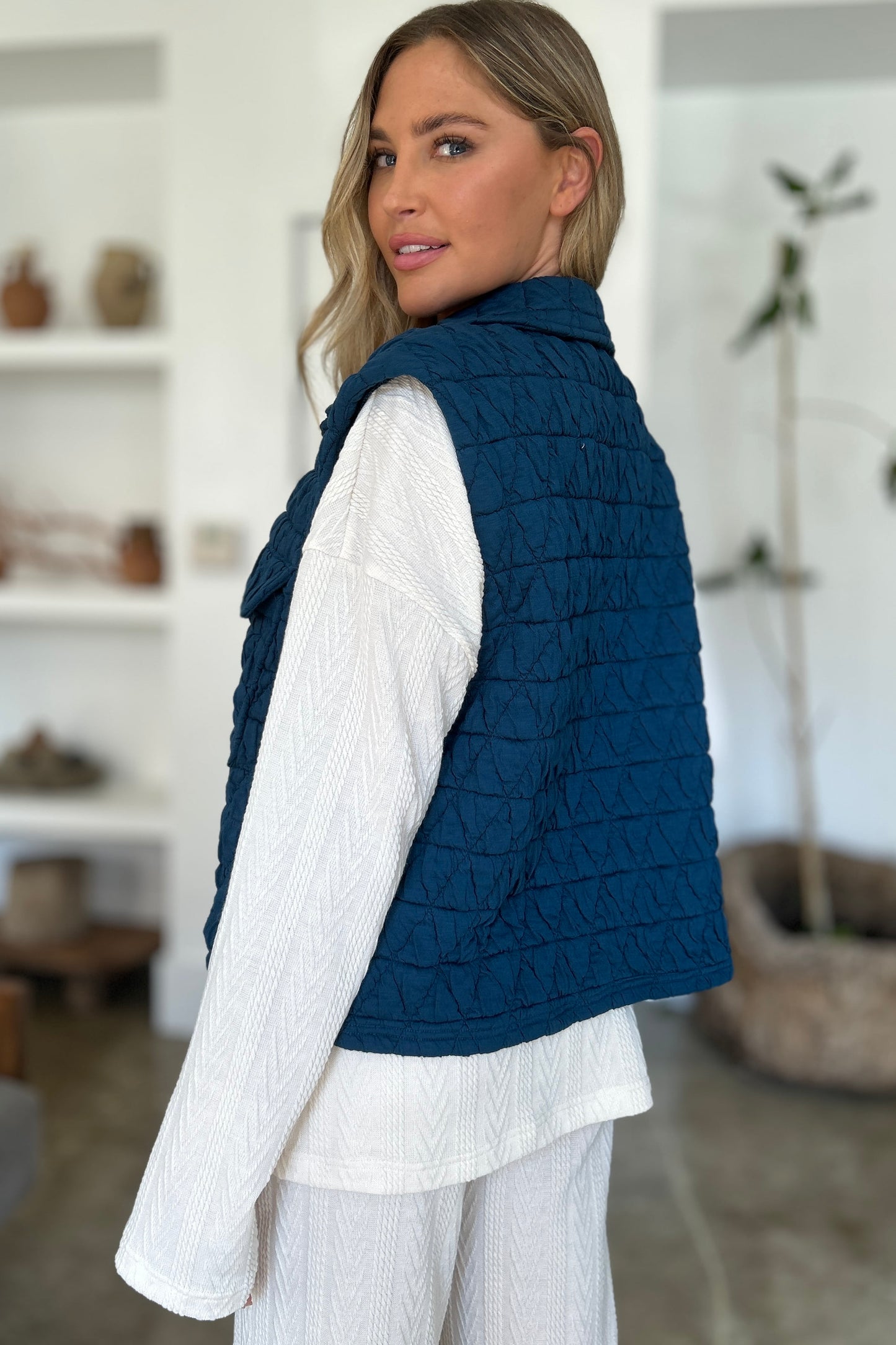 Double Take Full Size Pocketed Texture Snap Down Vest Coat - Classique Collection