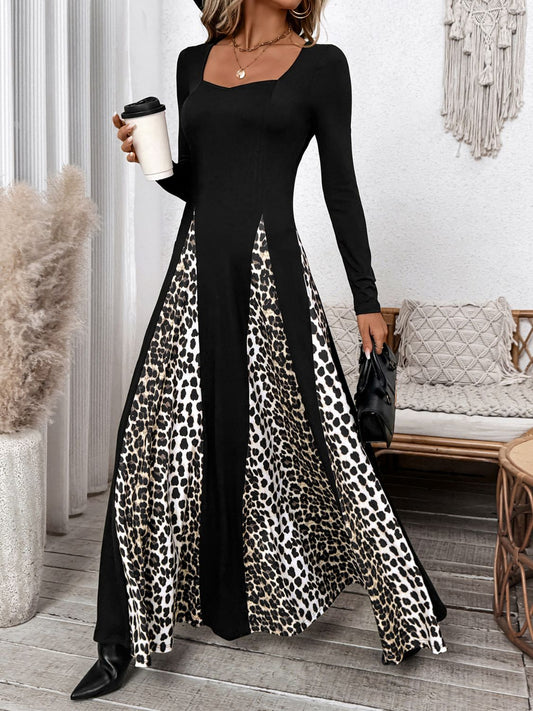 Perfee Leopard Square Neck Long Sleeve Maxi Dress - Classique Collection