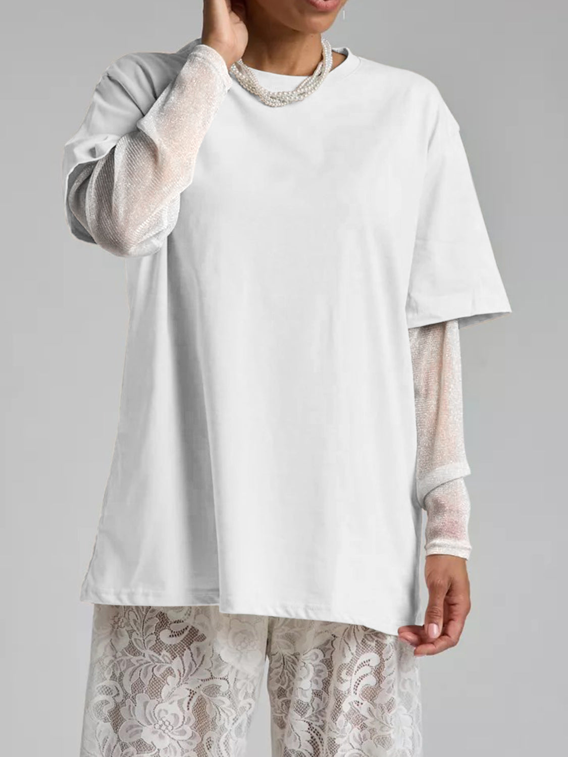 Faux Layered Round Neck Mesh Sleeve Top - Classique Collection