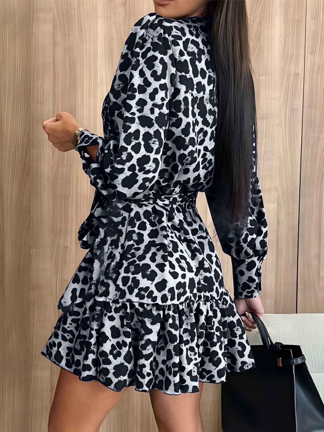 Tied Leopard Surplice Long Sleeve Dress - Classique Collection