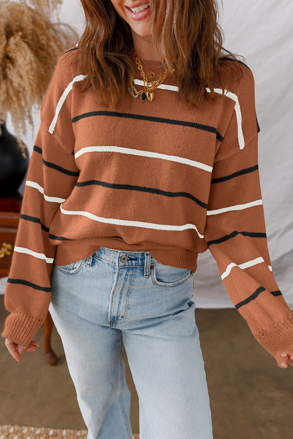 Brown Striped Ribbed Edge Drop Shoulder Sweater Shewin